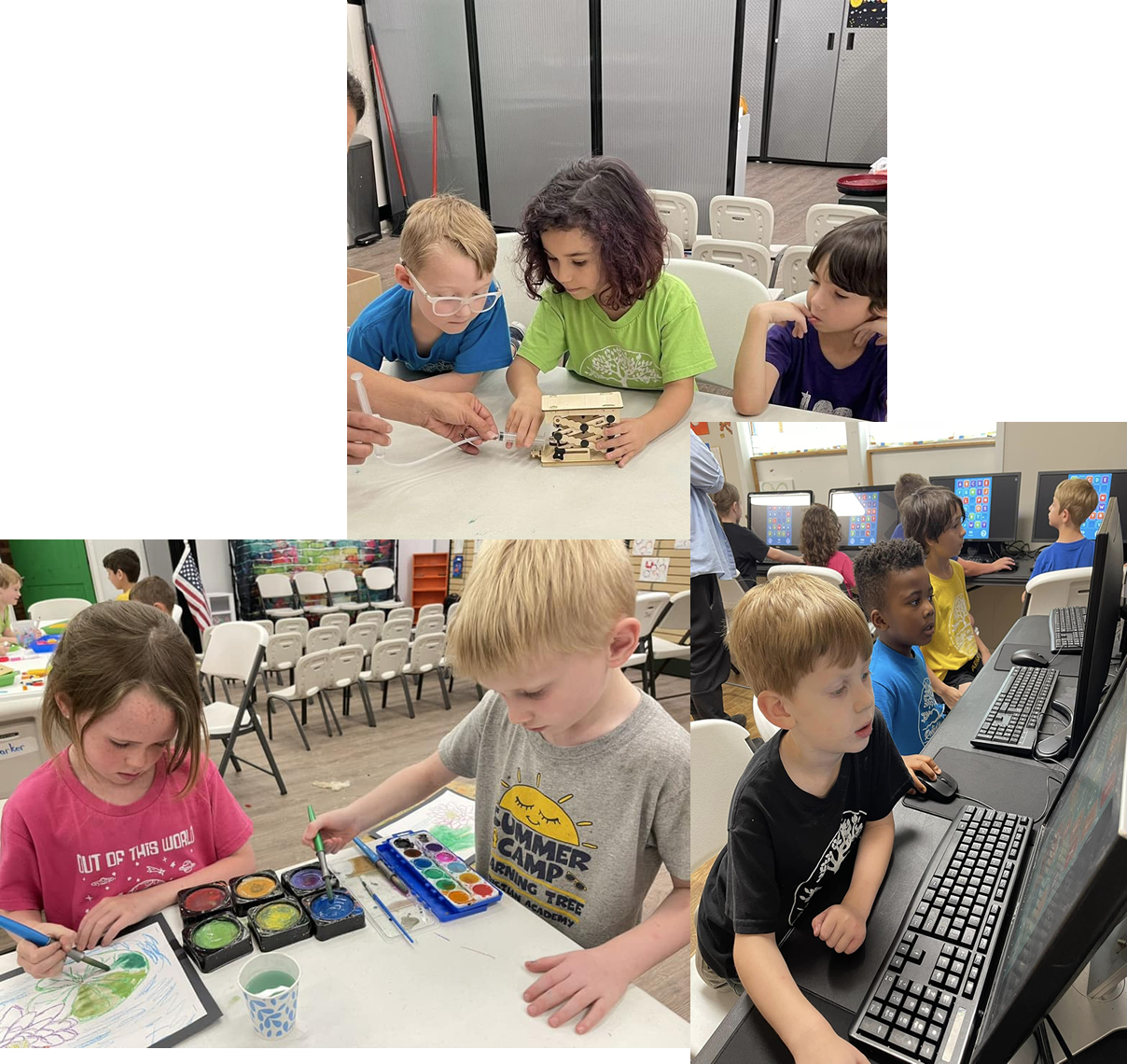 Students learning in stem lab, students painting in art class, and students being educated in a computer lab